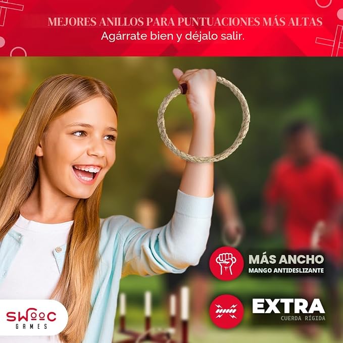 Swooc Juegos - Juego rústico de lanzamiento de anillos (todo tipo de clima) - Fácil configuración y juegos adicionales incluidos - Juego de lanzamiento de anillos para adultos - Actividades al aire