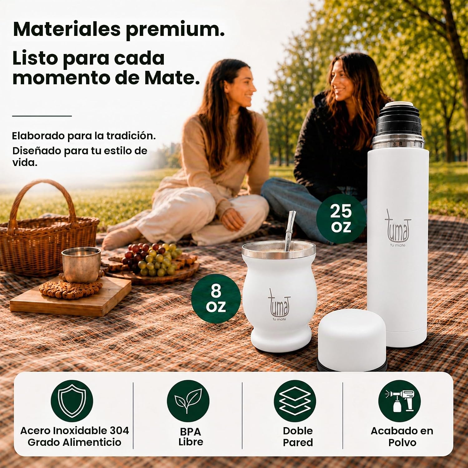 TUMA TU MATE Kit completo de yerba mate, botella térmica AutoMate de doble tapa, taza mate y bombilla, 25.4 fl oz de acero inoxidable de doble pared, bolsa de lona, contenedor Yerbero y calentador