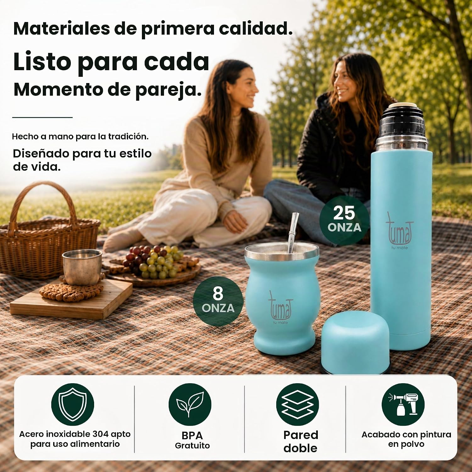 TUMA TU MATE Kit completo de yerba mate, botella térmica AutoMate de doble tapa, taza mate y bombilla, 25.4 fl oz de acero inoxidable de doble pared, bolsa de lona, contenedor Yerbero y calentador