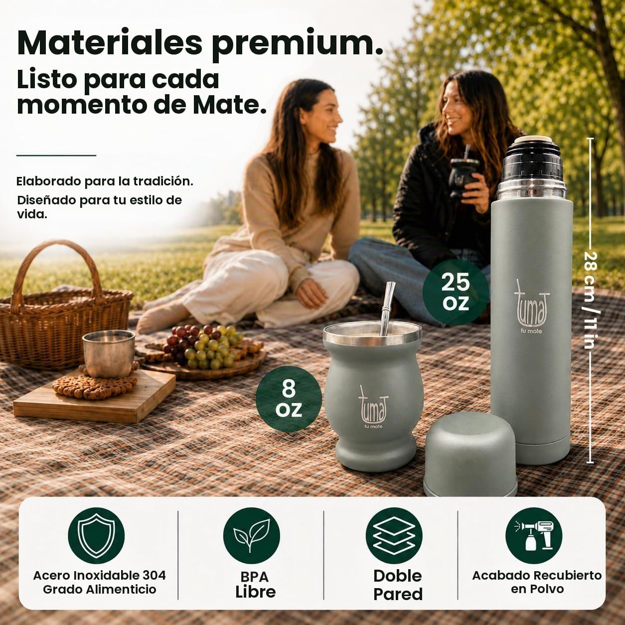Kit completo de yerba mate – Incluye taza mate, popote (Bombilla), termo de 25.4 fl oz, bolsa y dos regalos (contenedor de yerbero y calentador de inmersión para automóvil)