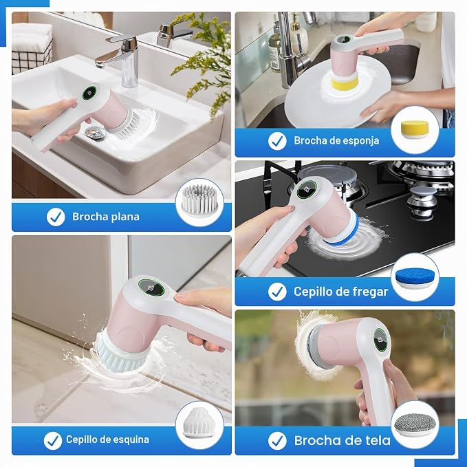PUFTEM Cepillo Eléctrico Giratorio, Cepillo de Ducha Inalámbrico con Pantalla de Nivel de Batería, Cepillo Eléctrico de 2 Velocidades para Limpieza con 6 Cabezales Reemplazables, Cepillo de Limpieza