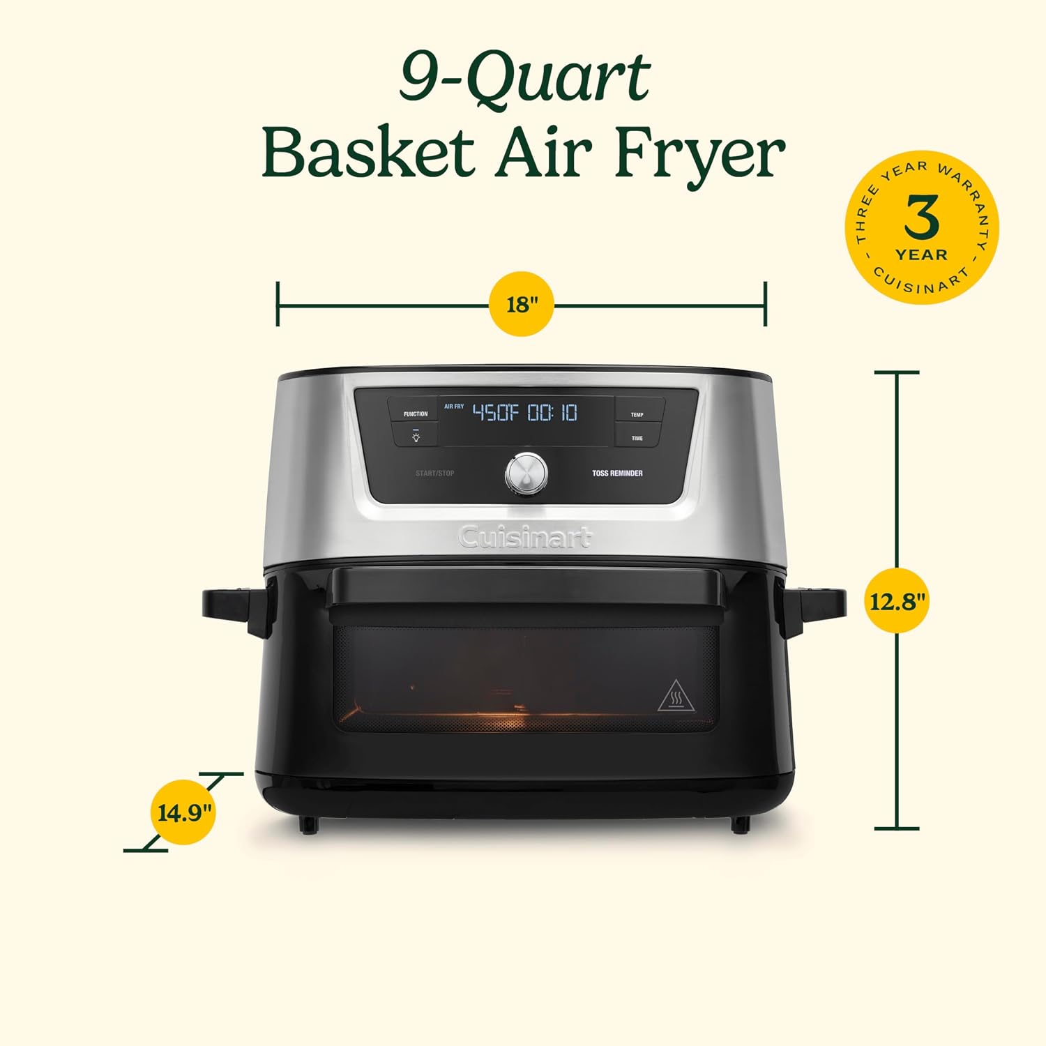Cuisinart Freidora de Aire, Olla de Acero Inoxidable de 9 Cuartos con 6 Ajustes Preestablecidos para Asar, Hornear, Asar a la Parrilla, Freír al Aire, Deshidratar y Mantener Caliente