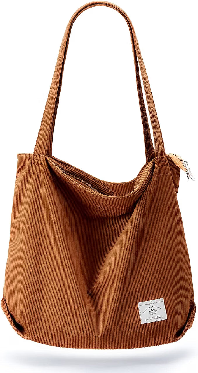 KALIDI Bolsa Tote de Pana con Cremallera Bolsa de Mano Casual Tote Bolsa de Hombro de Gran Capacidad con Bolsillos