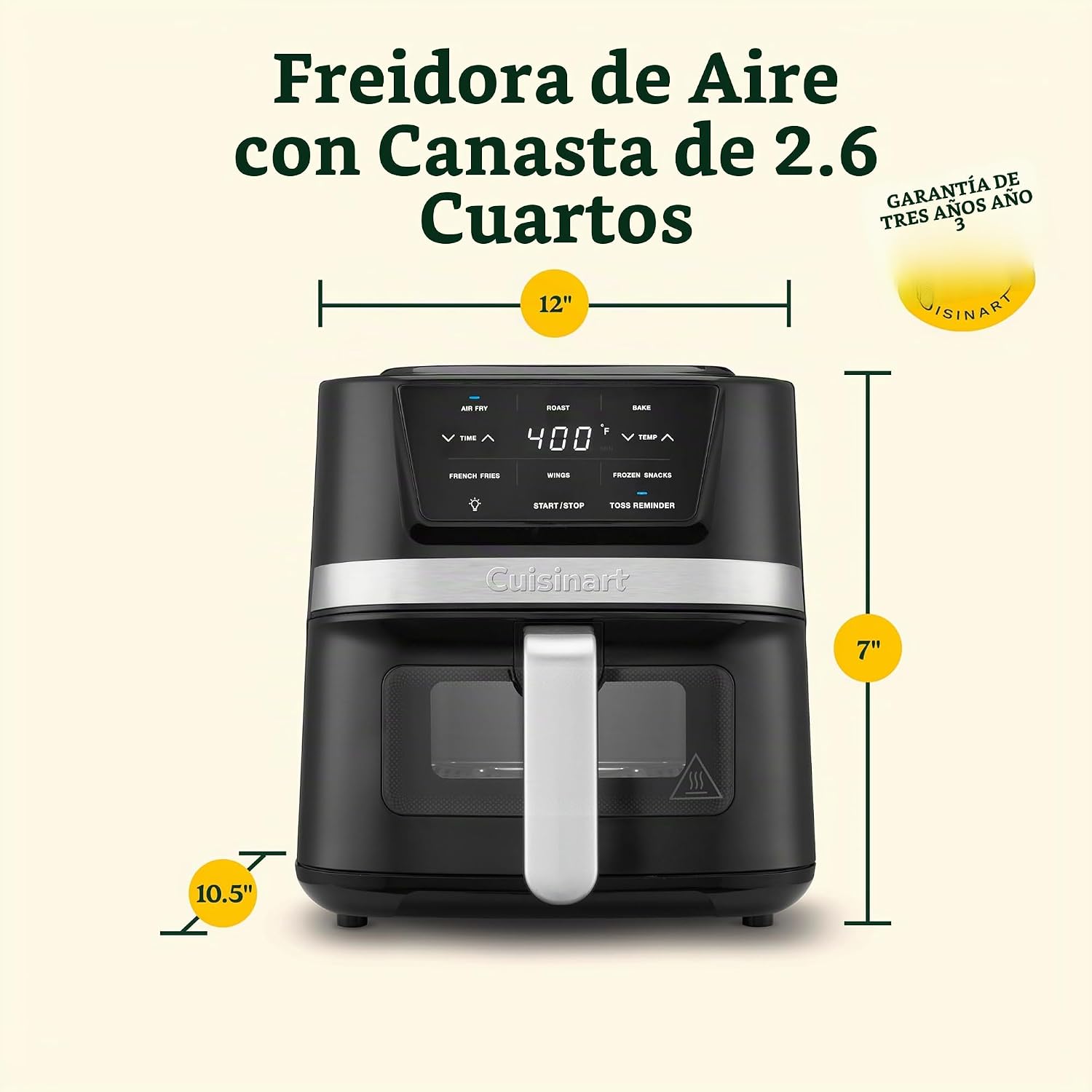 Cuisinart Freidora de Aire, Cesta Compacta de 2.6 Cuartos con 3 Funciones de Cocina para Freír al Aire, Asar y Hornear, 3 Ajustes Preestablecidos de Freidora de Aire, Piezas Aptas para Lavavajillas