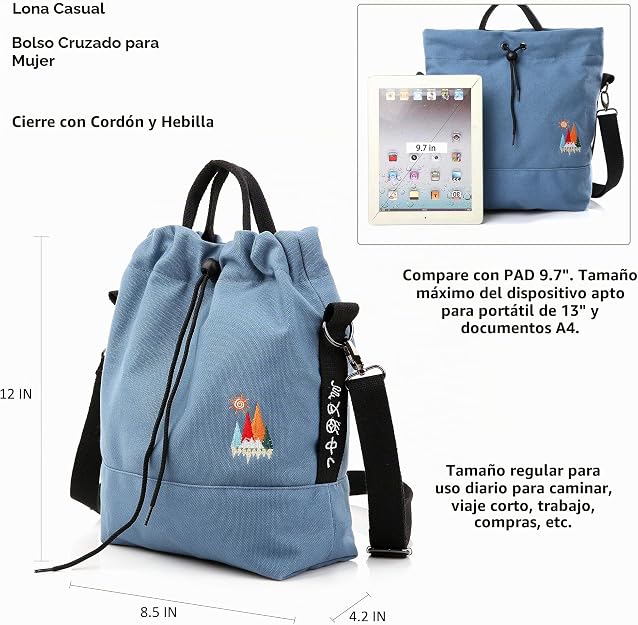 Bolso de mano de lona, bolso de hombro informal, bolso de trabajo, bolso cruzado con bordado de sol
