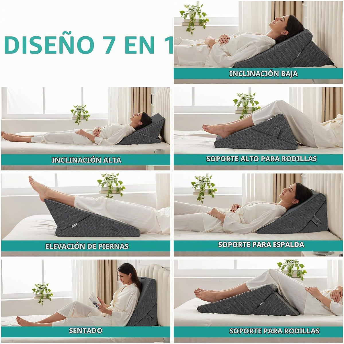 Juego de almohadas de cuña plegables ajustables de 9 y 12 pulgadas, triangular, de espuma viscoelástica ortopédica, almohadas elevadas 7 en 1 para apoyo de piernas y espalda