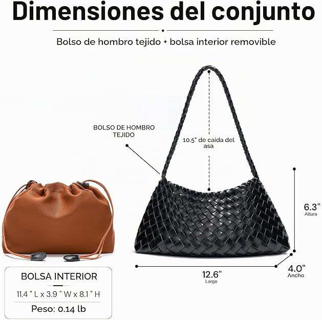 olso pequeño tejido para mujer, bolso de hombro de piel vegana, bolsa de mano holgada con bolsa interior con cordón, bolso para las axilas