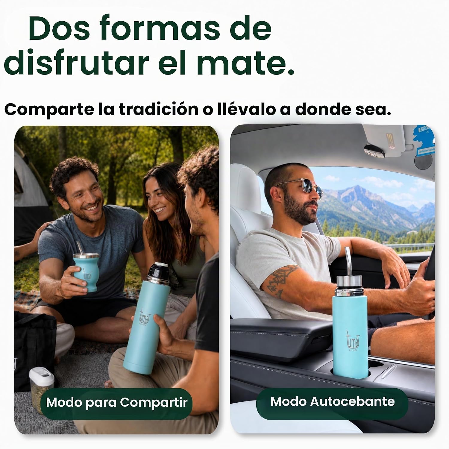 TUMA TU MATE Kit completo de yerba mate, botella térmica AutoMate de doble tapa, taza mate y bombilla, 25.4 fl oz de acero inoxidable de doble pared, bolsa de lona, contenedor Yerbero y calentador