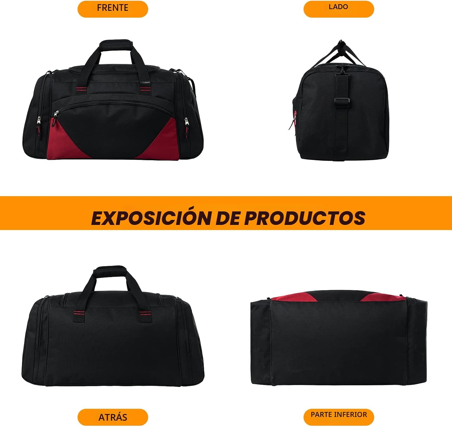 Bolsa de gimnasio, 21 pulgadas, grande, para viajes y deportes, negro rojo