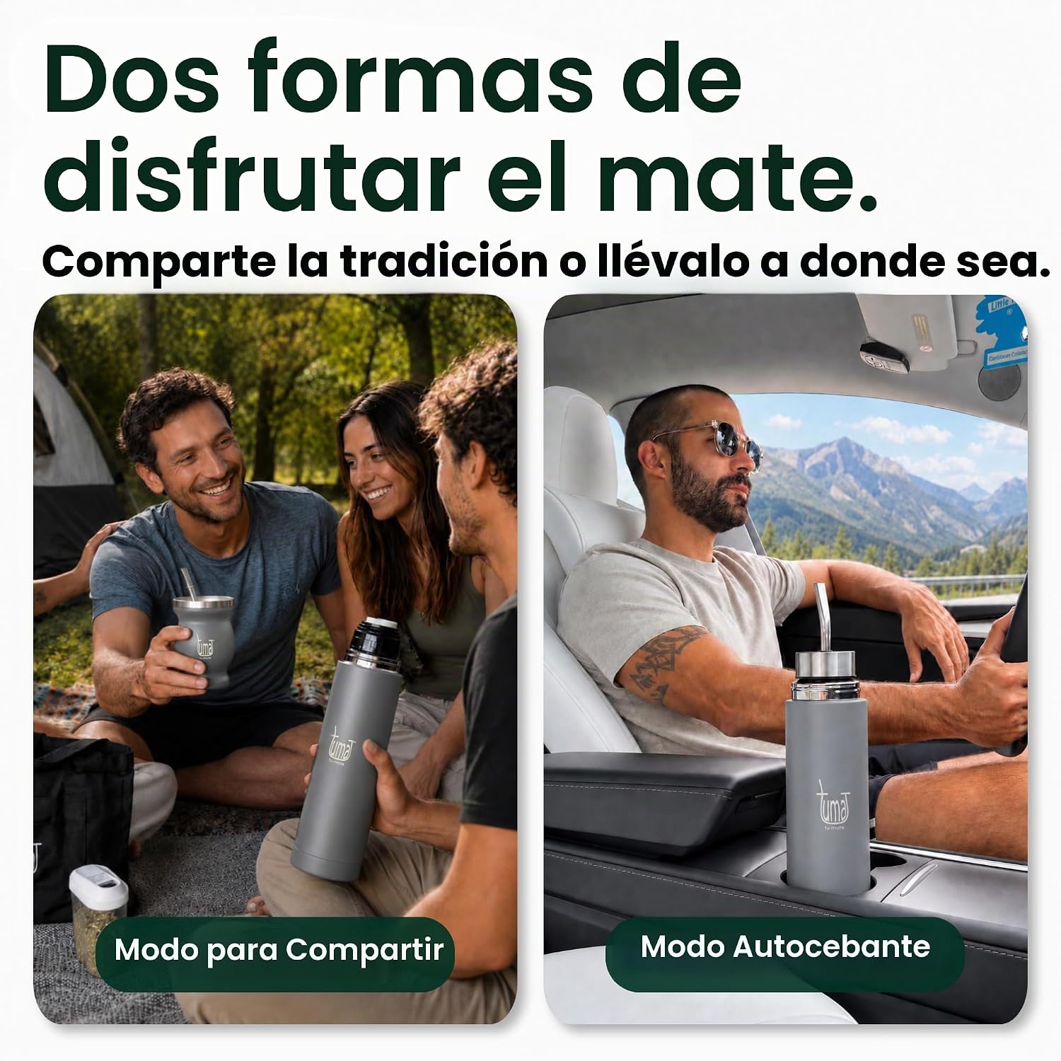 TUMA TU MATE Kit completo de yerba mate, botella térmica AutoMate de doble tapa, taza mate y bombilla, 25.4 fl oz de acero inoxidable de doble pared, bolsa de lona, contenedor Yerbero y calentador