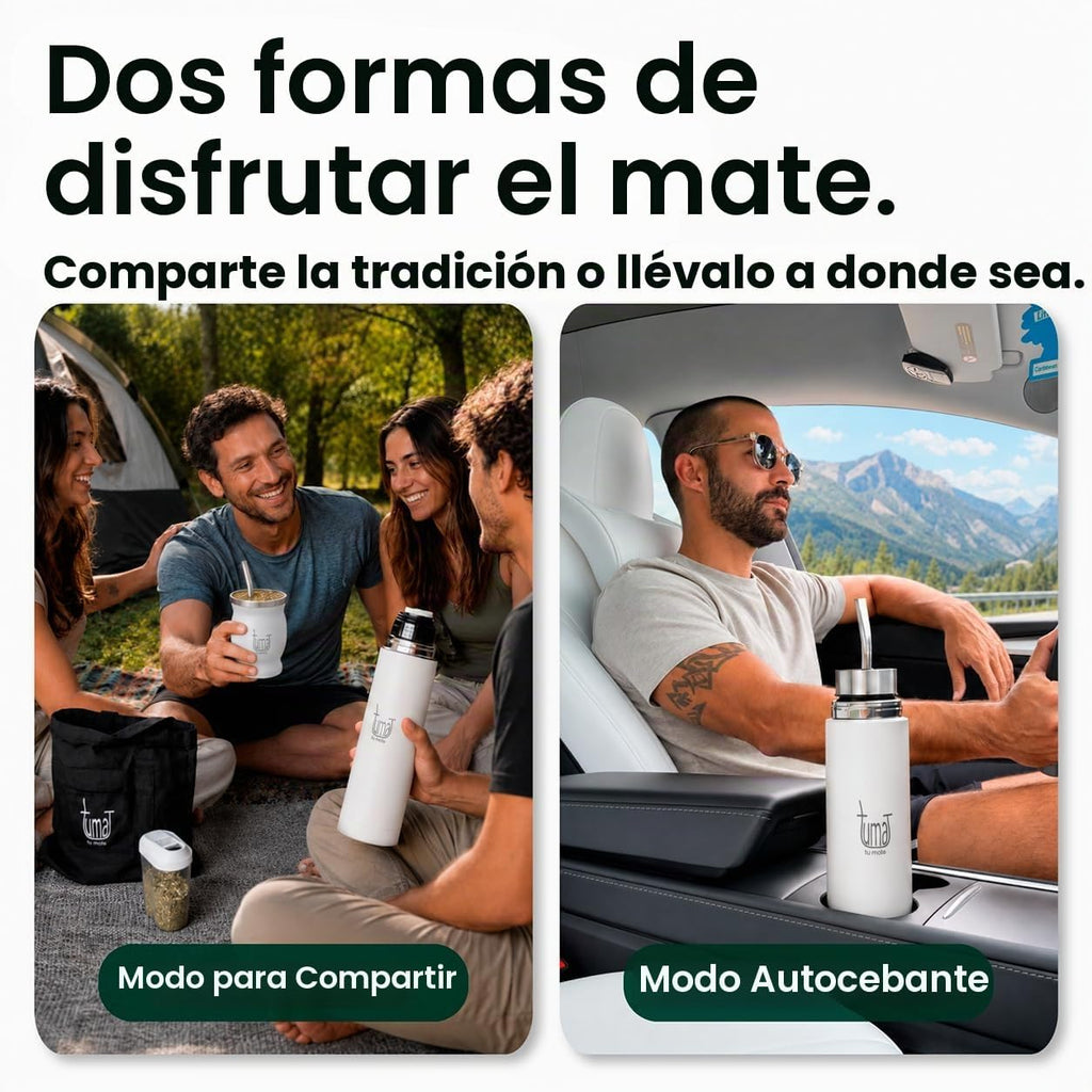 TUMA TU MATE Kit completo de yerba mate, botella térmica AutoMate de doble tapa, taza mate y bombilla, 25.4 fl oz de acero inoxidable de doble pared, bolsa de lona, contenedor Yerbero y calentador