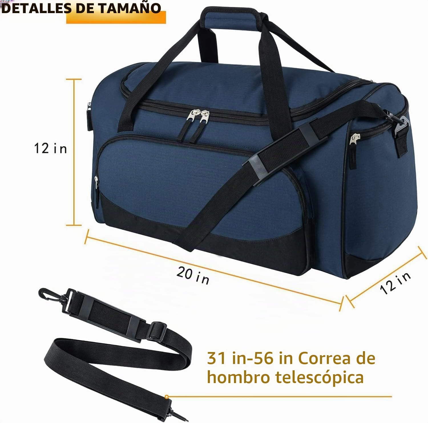 Bolsa de gimnasio, 21 pulgadas, grande, para viajes y deportes, Azul marino