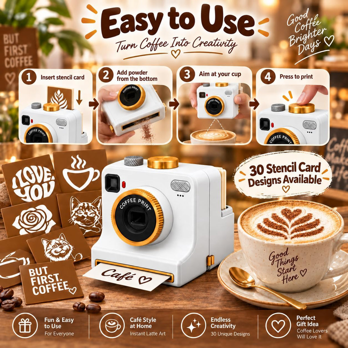 Cámara de arte latte impresa en 3D, impresora manual de café en pol...