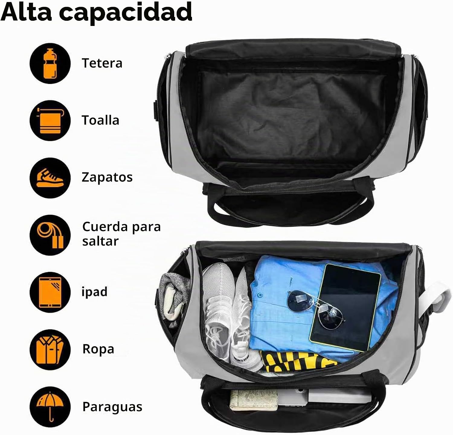 Bolsa de gimnasio, 55 L, duradera, grande, para viajes, entrenamiento, fitness y deporte, Gris, Versátil, deportivo y chic
