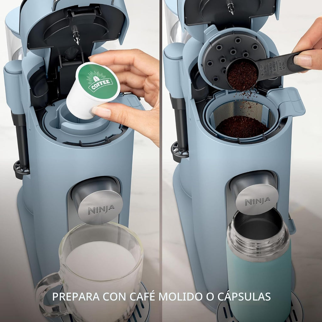 Ninja Pod & Grounds - Cafetera especializada de una sola porción, compatible con cápsulas K-Cup, prepara café molido, diseño compacto, espumador de leche incorporado, depósito de 56 oz