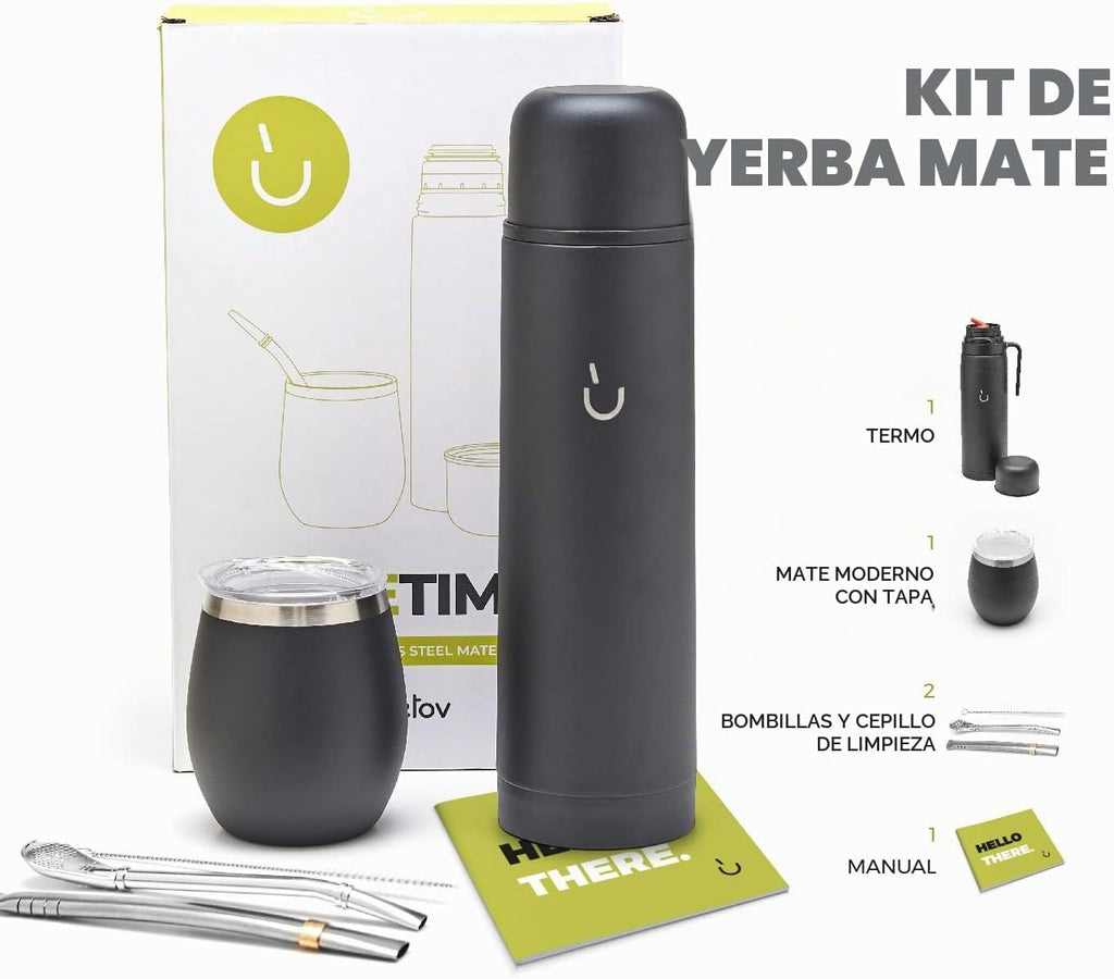 BALIBETOV Juego completo de yerba mate – Calabaza mate moderna, frasco térmico, bombilla y cepillo de limpieza incluidos, acero inoxidable 304 18/8 de alta calidad (negro completo)