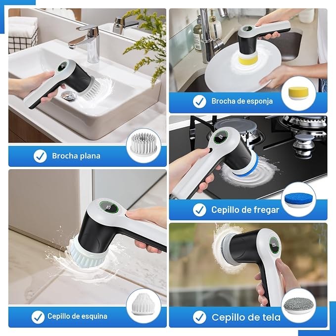 PUFTEM estropajo eléctrico giratorio, estropajo de ducha inalámbrico con pantalla de nivel de batería, estropajo eléctrico de 2 velocidades para limpieza con 6 cabezales reemplazables