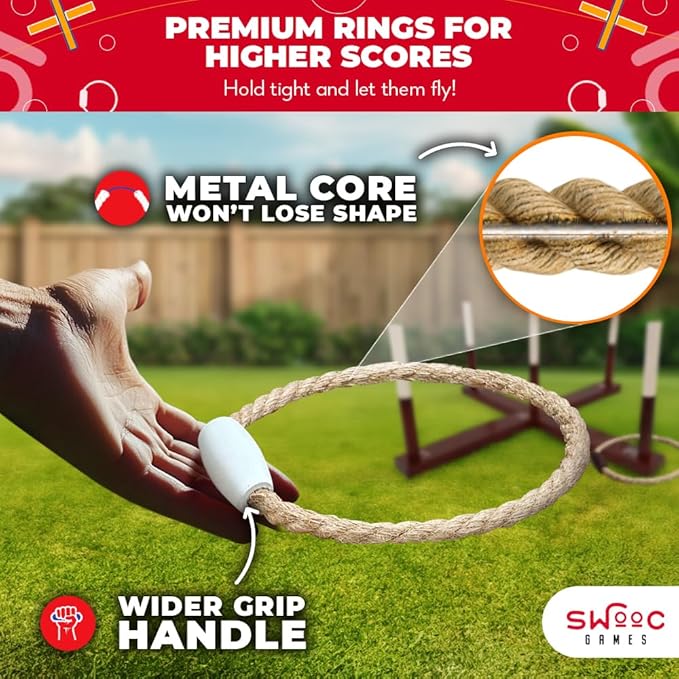 Swooc Juegos - Juego rústico de lanzamiento de anillos (todo tipo de clima) - Fácil configuración y juegos adicionales incluidos - Juego de lanzamiento de anillos para adultos