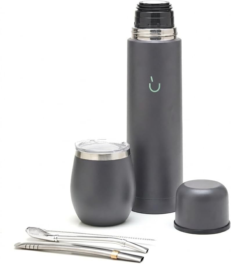 BALIBETOV Juego completo de yerba mate – Calabaza mate moderna, frasco térmico, bombilla y cepillo de limpieza incluidos, todo acero inoxidable 304 18/8 de alta calidad (gris)