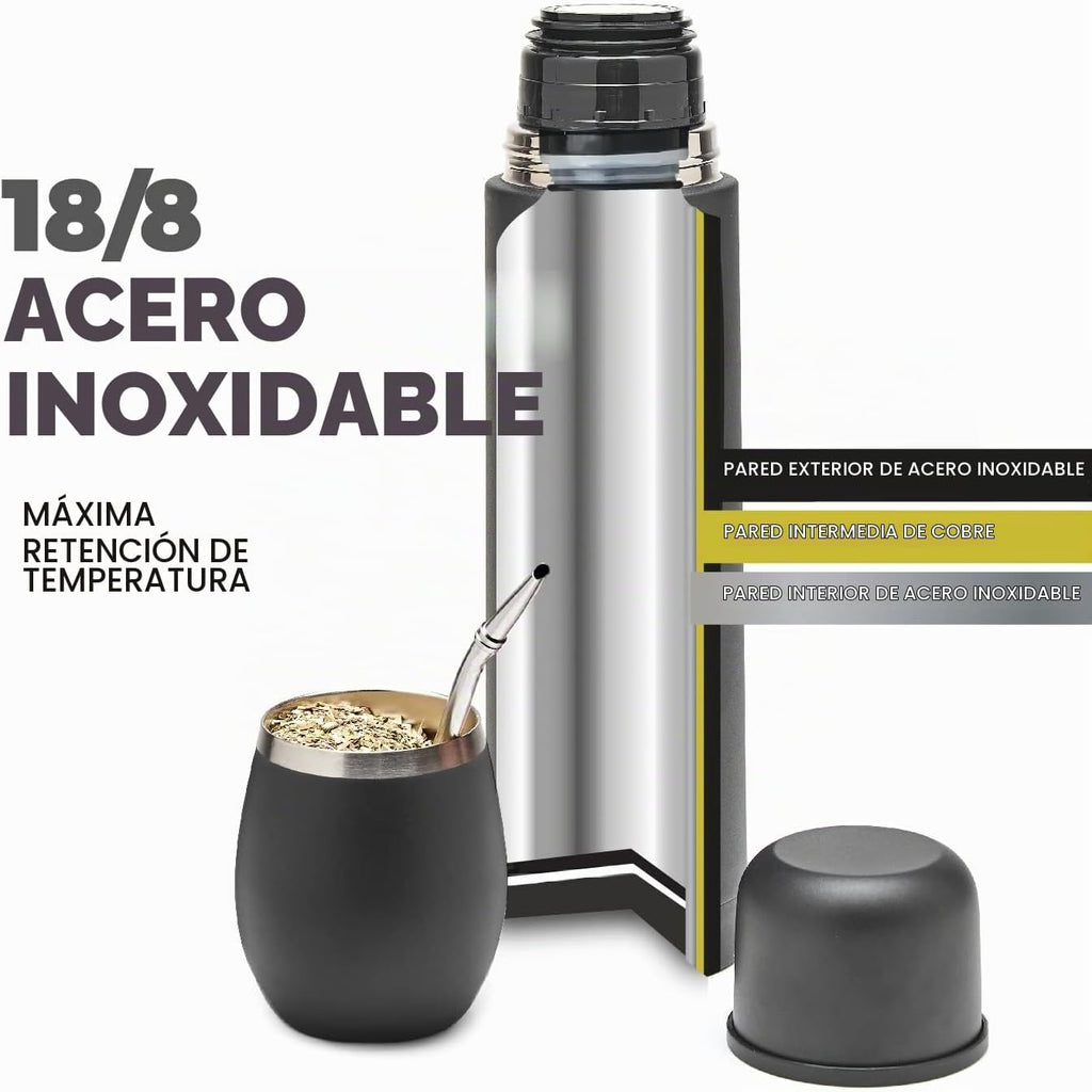 BALIBETOV Juego completo de yerba mate – Calabaza mate moderna, frasco térmico, bombilla y cepillo de limpieza incluidos, acero inoxidable 304 18/8 de alta calidad (negro completo)