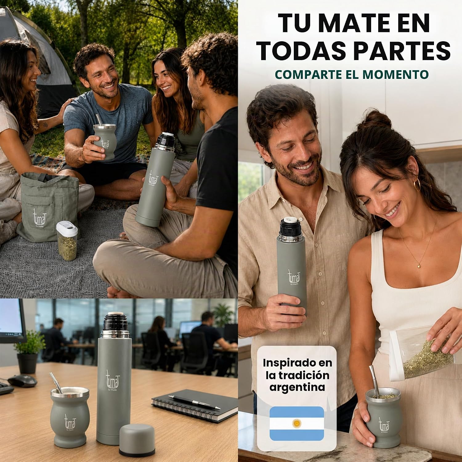 Kit completo de yerba mate – Incluye taza mate, popote (Bombilla), termo de 25.4 fl oz, bolsa y dos regalos (contenedor de yerbero y calentador de inmersión para automóvil)