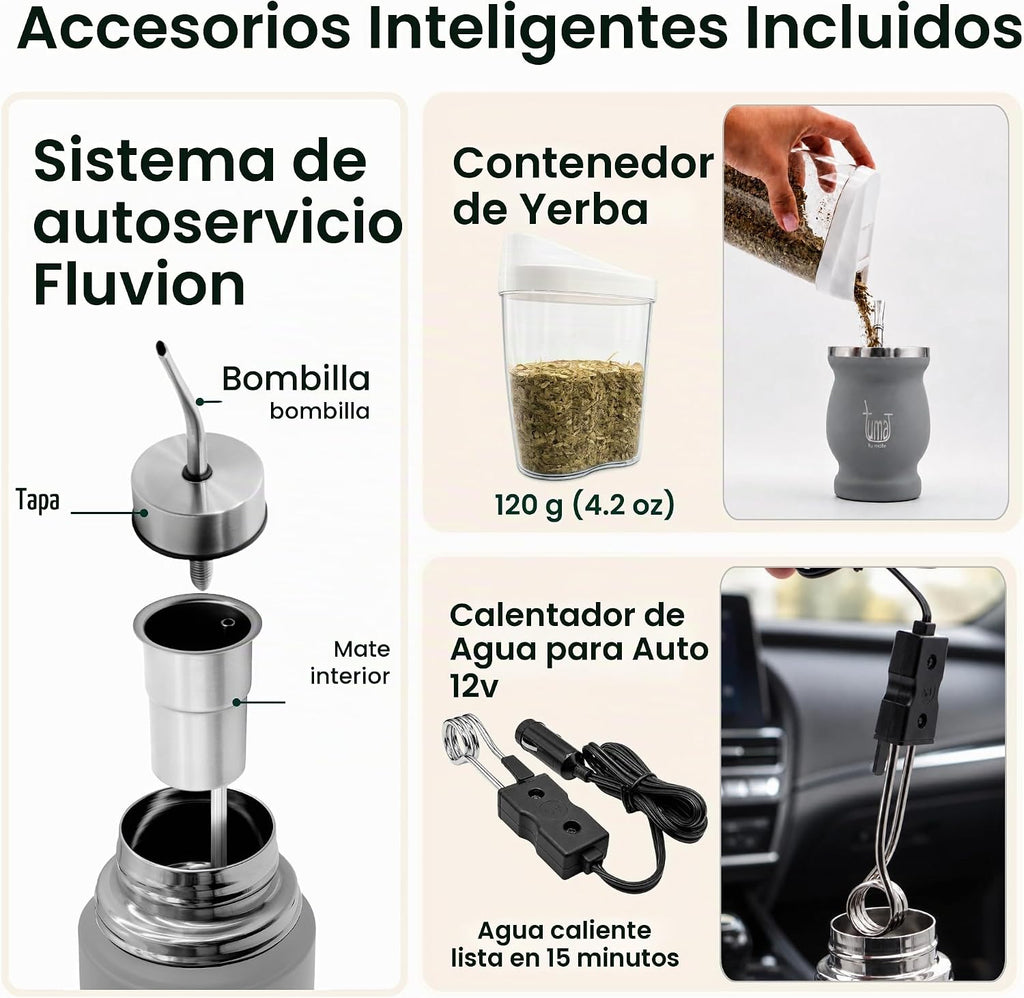 TUMA TU MATE Kit completo de yerba mate, botella térmica AutoMate de doble tapa, taza mate y bombilla, 25.4 fl oz de acero inoxidable de doble pared, bolsa de lona, contenedor Yerbero y calentador