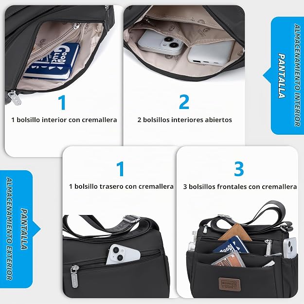 Bolsos cruzados de nailon para mujer, bolsos impermeables con múltiples bolsillos
