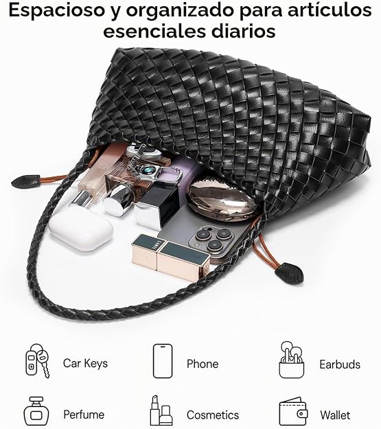 olso pequeño tejido para mujer, bolso de hombro de piel vegana, bolsa de mano holgada con bolsa interior con cordón, bolso para las axilas