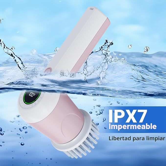 PUFTEM Cepillo Eléctrico Giratorio, Cepillo de Ducha Inalámbrico con Pantalla de Nivel de Batería, Cepillo Eléctrico de 2 Velocidades para Limpieza con 6 Cabezales Reemplazables, Cepillo de Limpieza