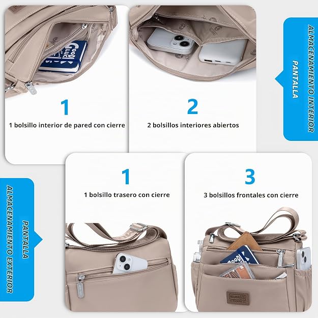 Bolsos cruzados de nailon para mujer, bolsos impermeables con múltiples bolsillos