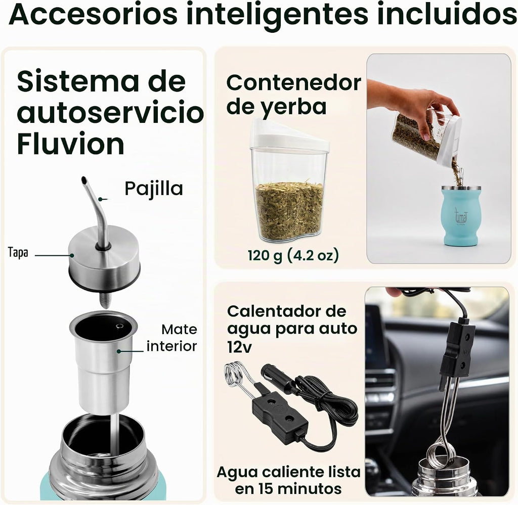 TUMA TU MATE Kit completo de yerba mate, botella térmica AutoMate de doble tapa, taza mate y bombilla, 25.4 fl oz de acero inoxidable de doble pared, bolsa de lona, contenedor Yerbero y calentador