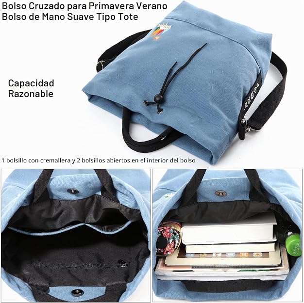 Bolso de mano de lona, bolso de hombro informal, bolso de trabajo, bolso cruzado con bordado de sol