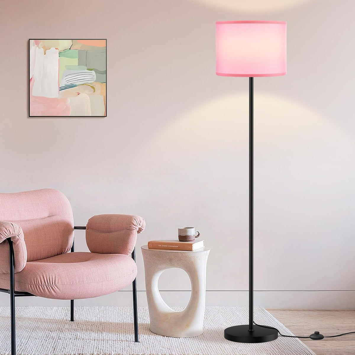 Lámpara de pie moderna de diseño simple con pantalla blanca, interruptor de pedal, lámparas pequeñas y altas de 60 pulgadas para el hogar, dormitorio y oficina, lámpara con poste negro (sin bombilla)