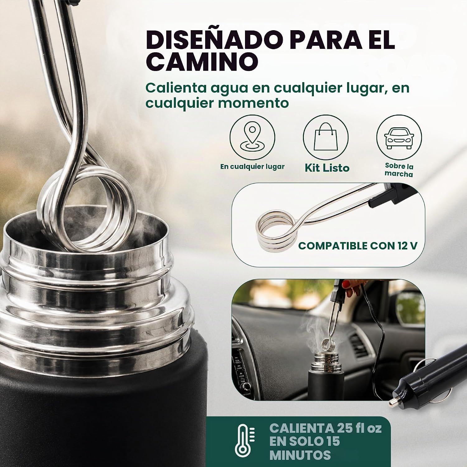 Kit completo de yerba mate, incluye taza mate, popote (Bombilla), termo de 25.4 fl oz, bolsa y dos regalos (contenedor de yerbero y calentador de inmersión para automóvil)