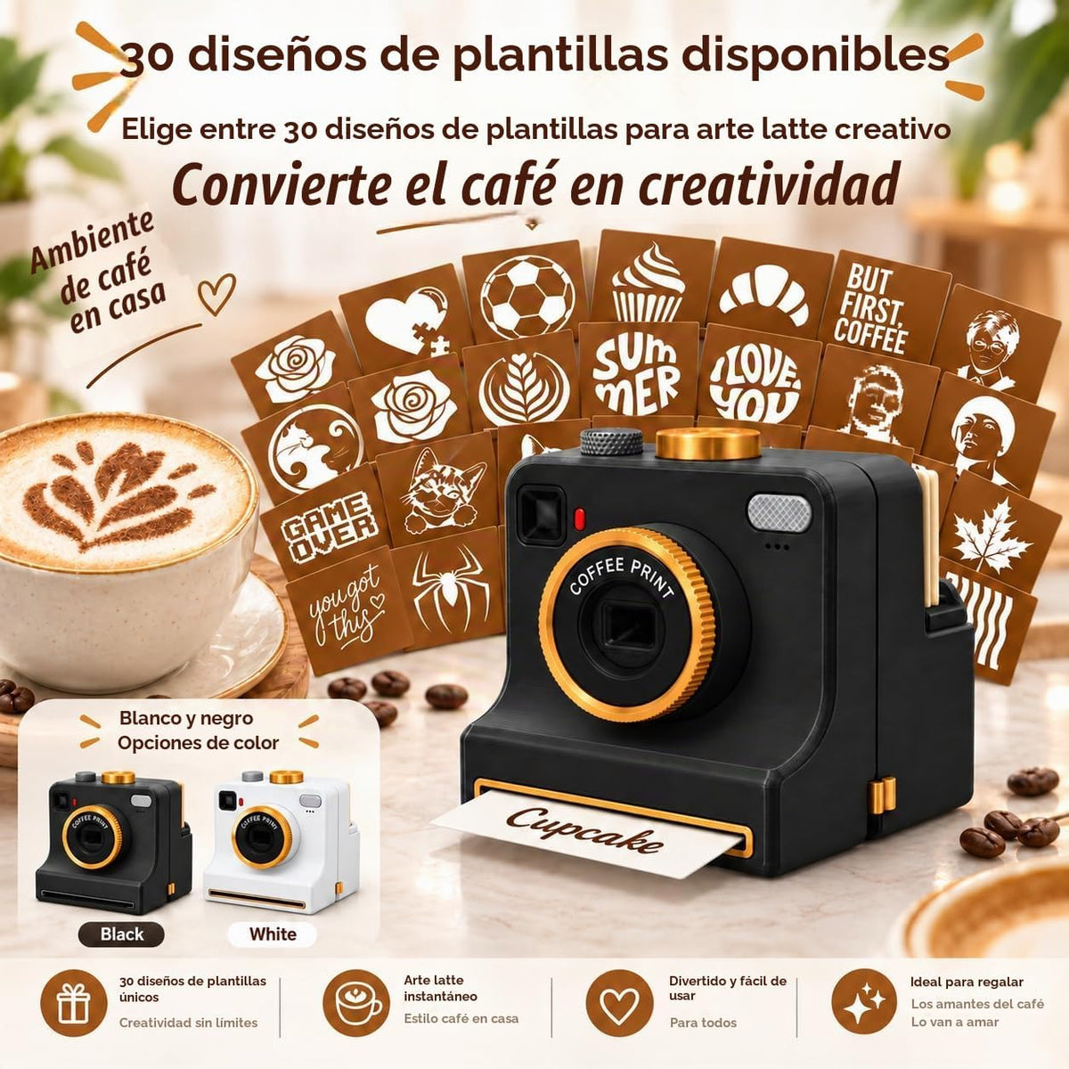 Cámara de arte latte impresa en 3D, impresora manual de café en pol...