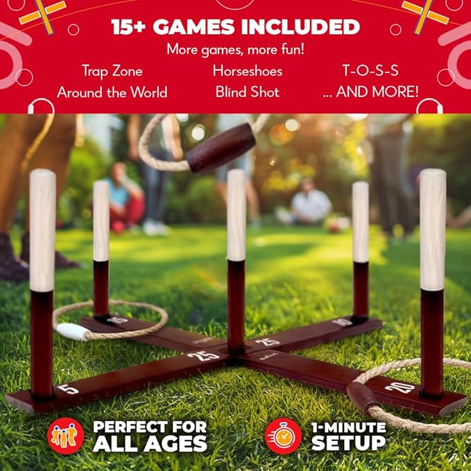 Swooc Juegos - Juego rústico de lanzamiento de anillos (todo tipo de clima) - Fácil configuración y juegos adicionales incluidos - Juego de lanzamiento de anillos para adultos