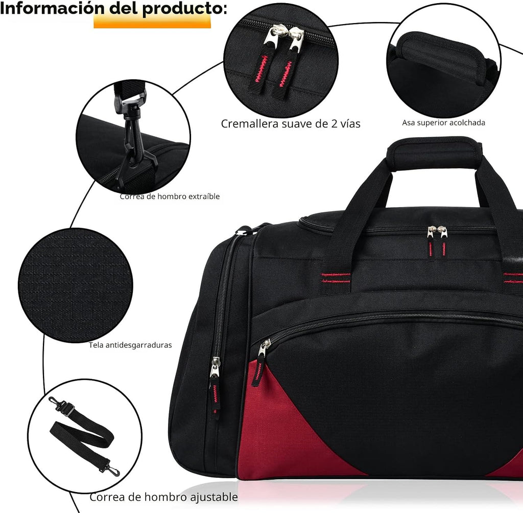Bolsa de gimnasio, 21 pulgadas, grande, para viajes y deportes, negro rojo
