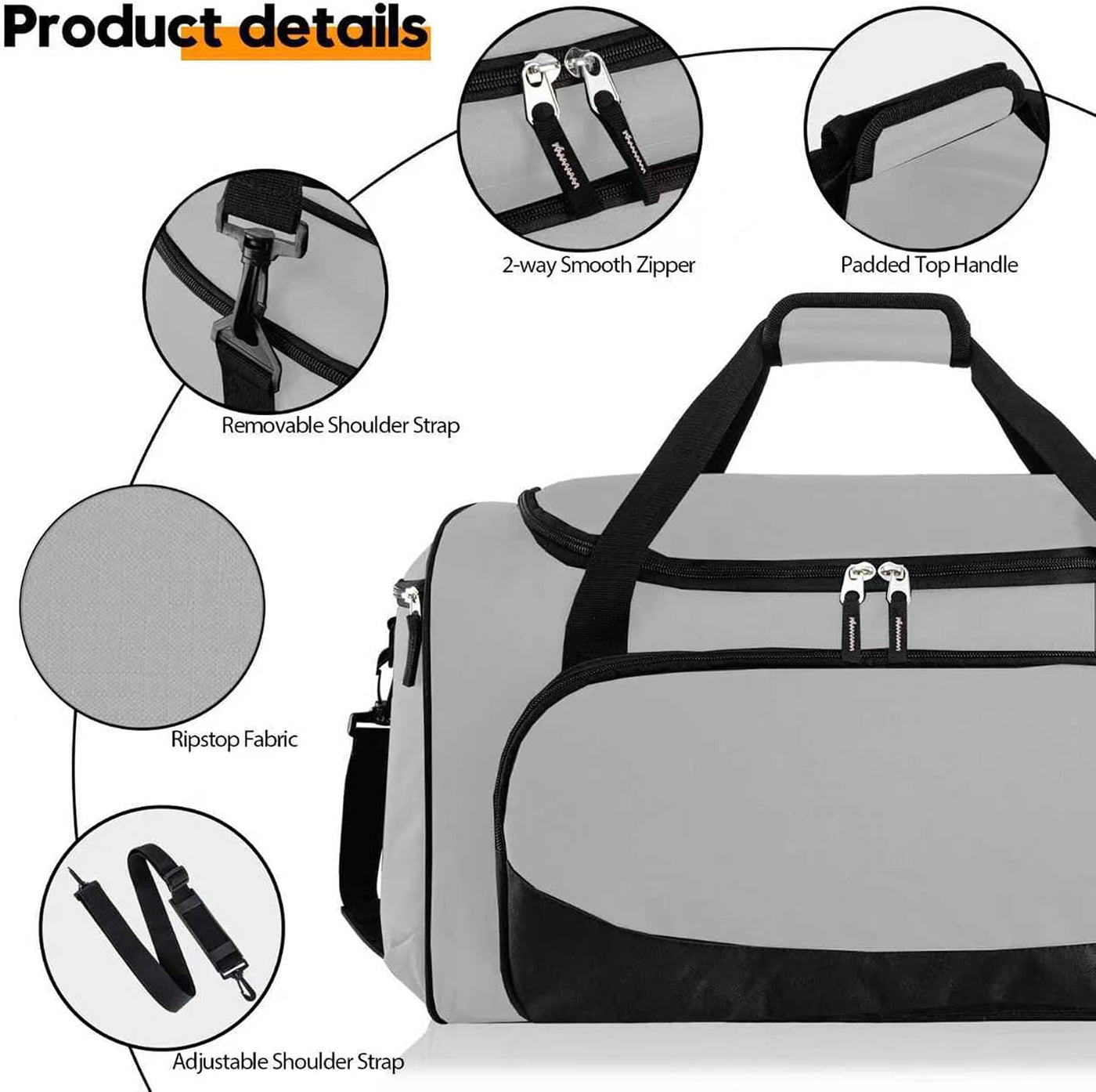 Bolsa de gimnasio, 55 L, duradera, grande, para viajes, entrenamiento, fitness y deporte, Gris, Versátil, deportivo y chic