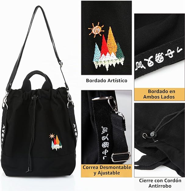 Bolso de mano de lona, bolso de hombro informal, bolso de trabajo, bolso cruzado con bordado de sol
