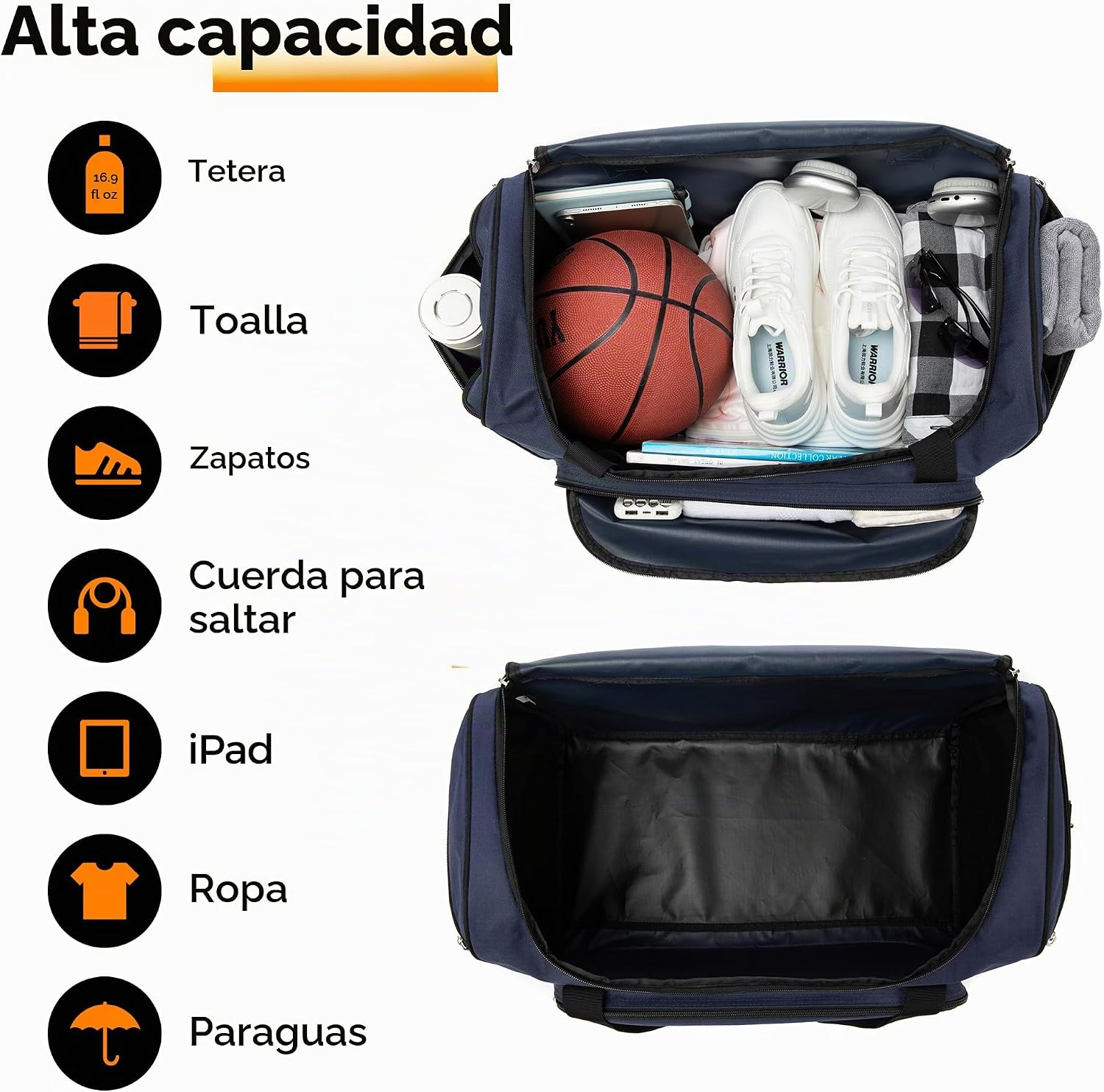 Bolsa de gimnasio, 21 pulgadas, grande, para viajes y deportes, Azul marino