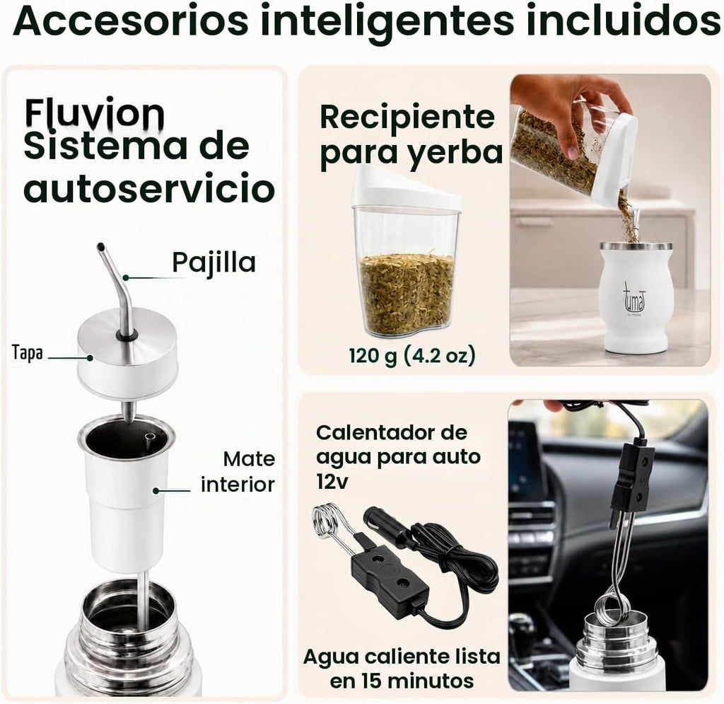 TUMA TU MATE Kit completo de yerba mate, botella térmica AutoMate de doble tapa, taza mate y bombilla, 25.4 fl oz de acero inoxidable de doble pared, bolsa de lona, contenedor Yerbero y calentador