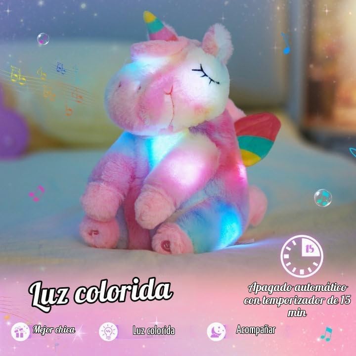 Athoinsu Unicornio de peluche musical con luces LED arcoíris, suave...