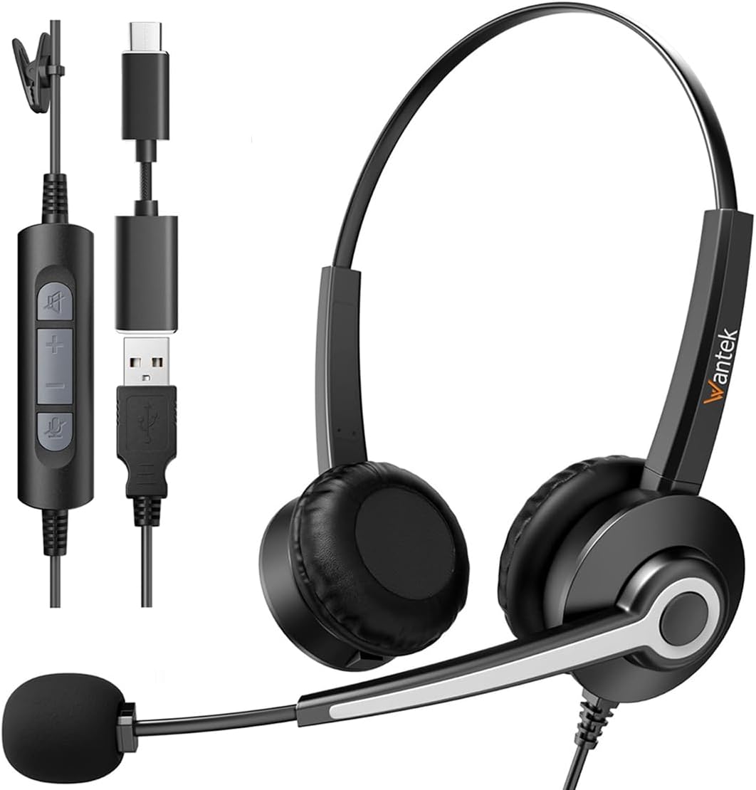 Wantek Auriculares estéreo con cable USB-A\/USB-C, ligeros, con can...
