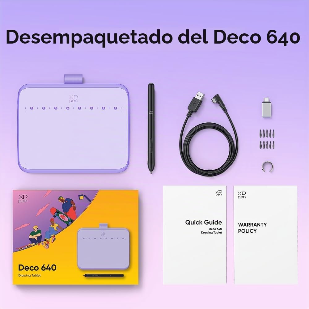 XPPen Deco 640 - Tableta de dibujo púrpura con 16384 niveles de pre...