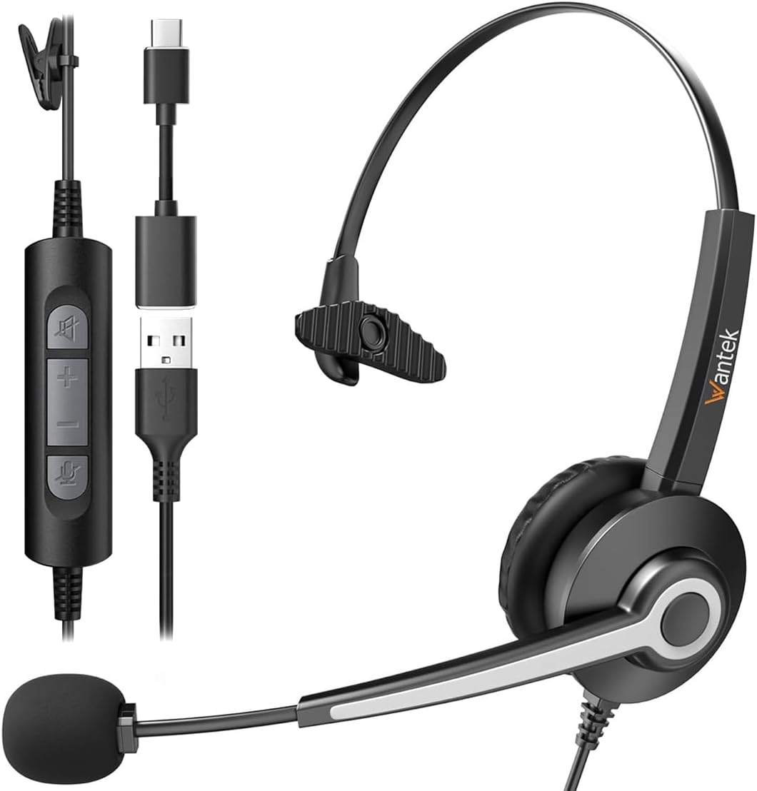 Wantek Auriculares USB con cable monoaural con micrófono de cancela...