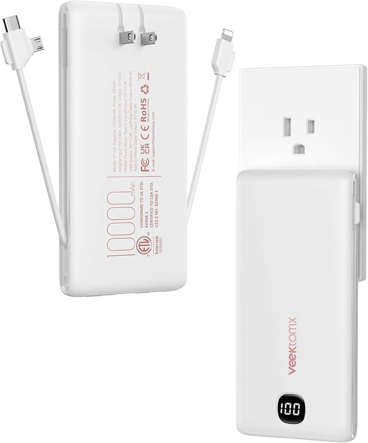 VEEKTOMX Cargador portátil de 10000 mAh con cables integrados y enc...