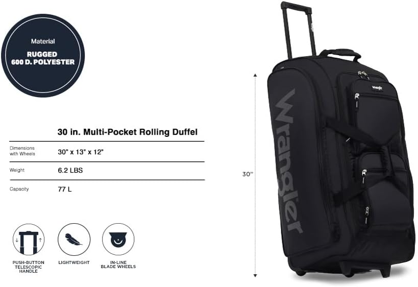 Wrangler Wesley - Bolsa de viaje con ruedas, Negro, Grande, 30 pulg.