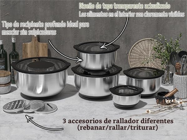 Juego de cuencos para mezclar con tapas - Tapas antideslizantes, he...