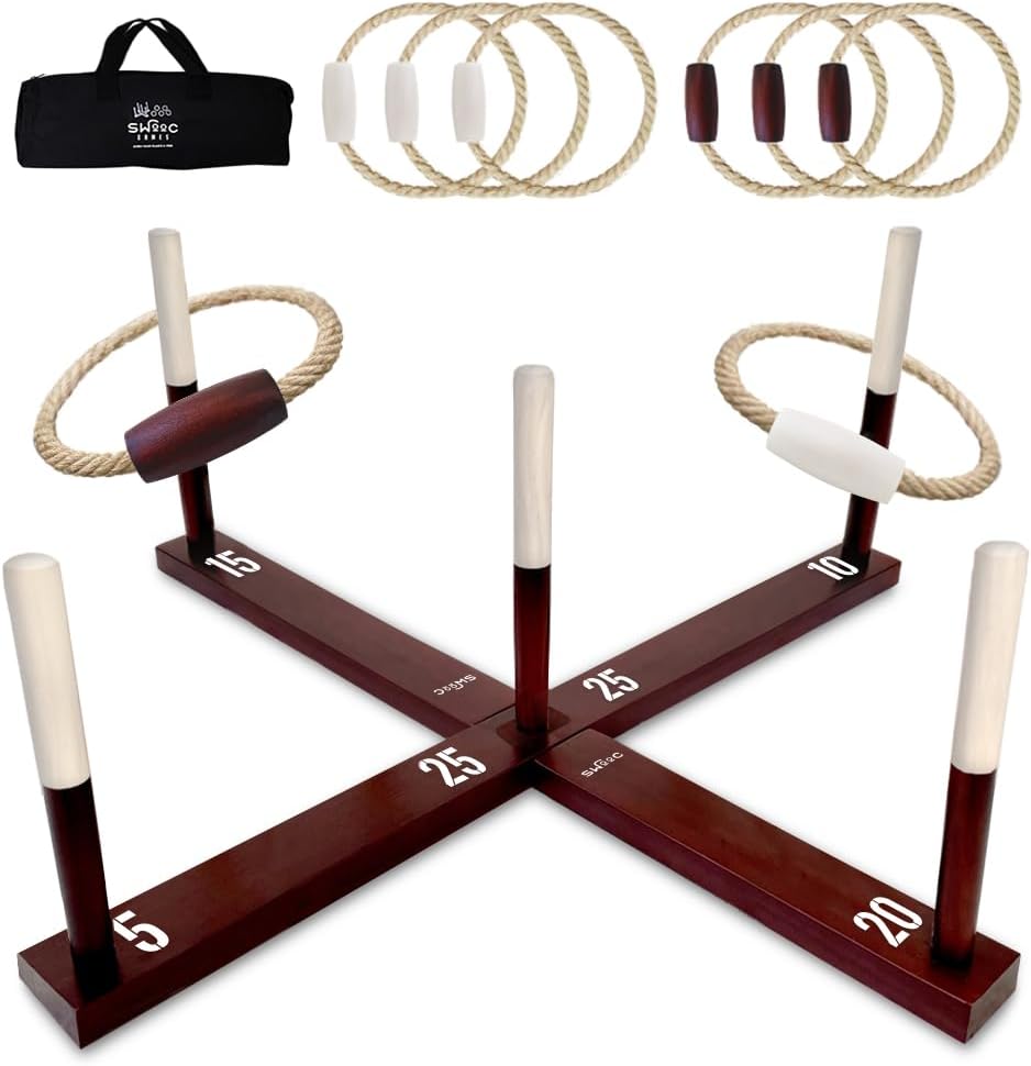 Swooc Juegos - Juego rústico de lanzamiento de anillos (todo tipo de clima) - Fácil configuración y juegos adicionales incluidos - Juego de lanzamiento de anillos para adultos