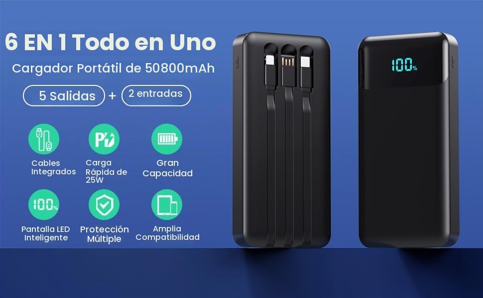 Cargador portátil de 50800 mAh con 3 cables integrados, 25 W PD car...